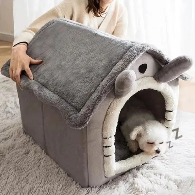 Washable enclosed pet nest bed in gray for small dogs and cats with removable cover