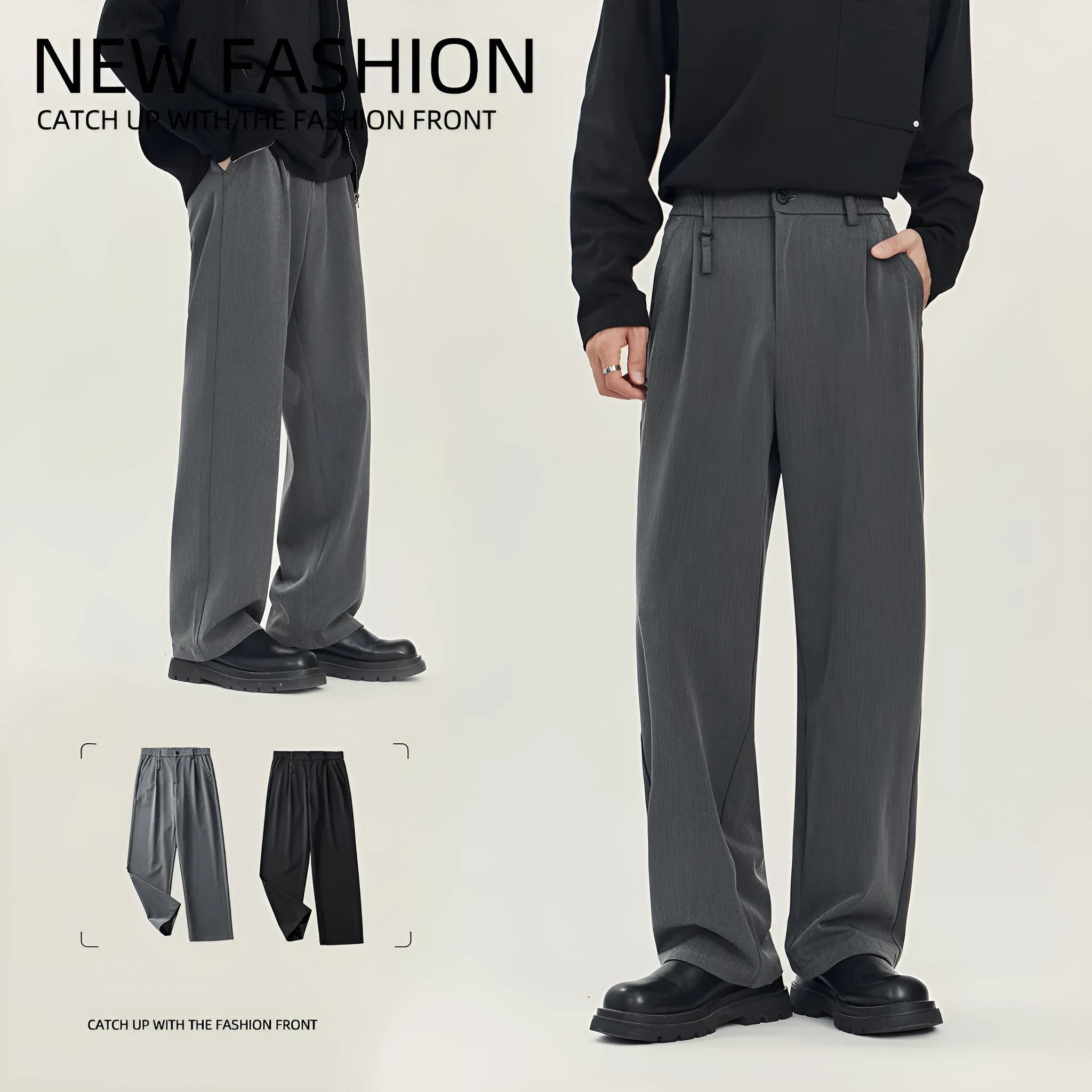Men's black straight-leg business casual trousers with loose fit and Asian sizing
