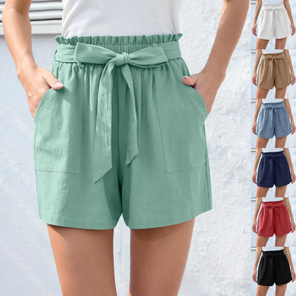 Women's high waist ruffle bow tie shorts in various colours