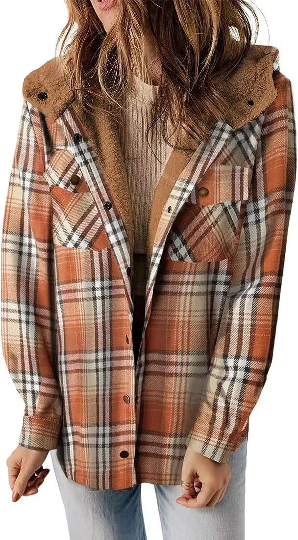 Casual plaid hooded woolen coat with fleece lining in various colours