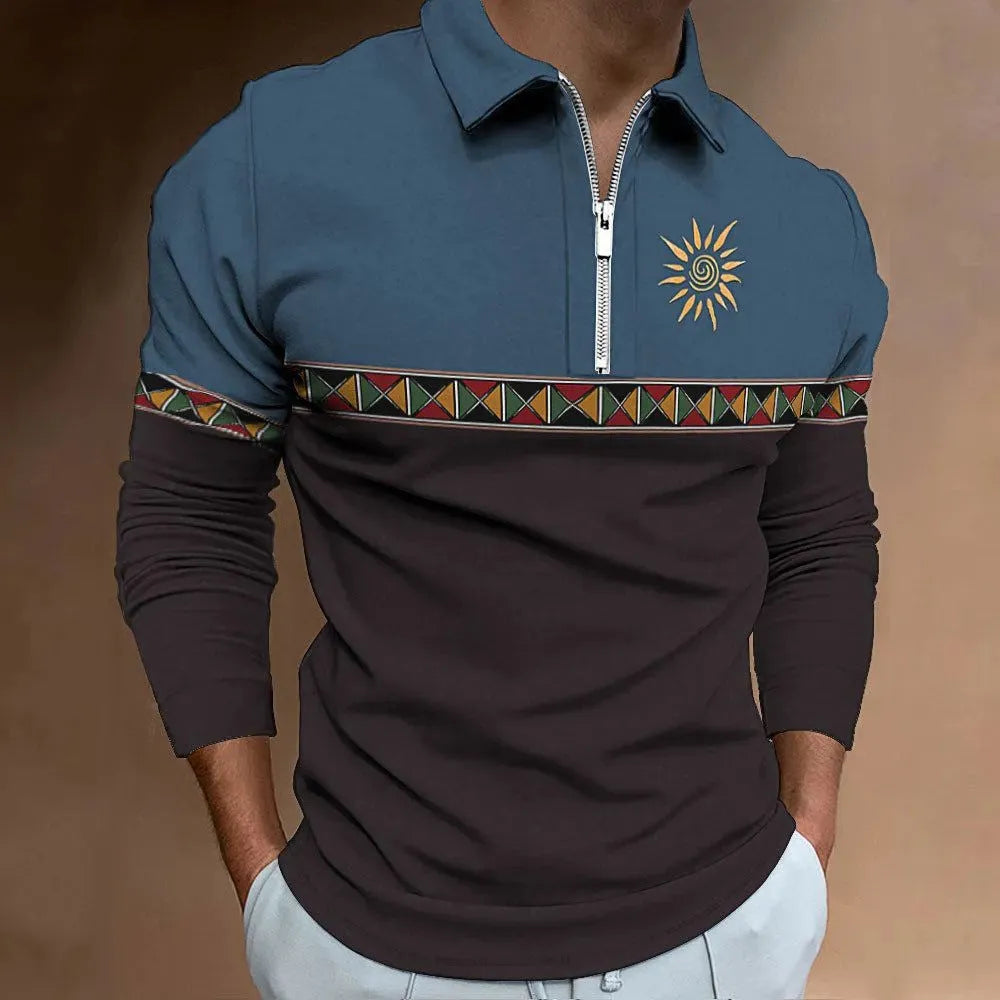 Men's retro colour print golf t-shirt with striped bird eye cloth fabric and zipper decorations