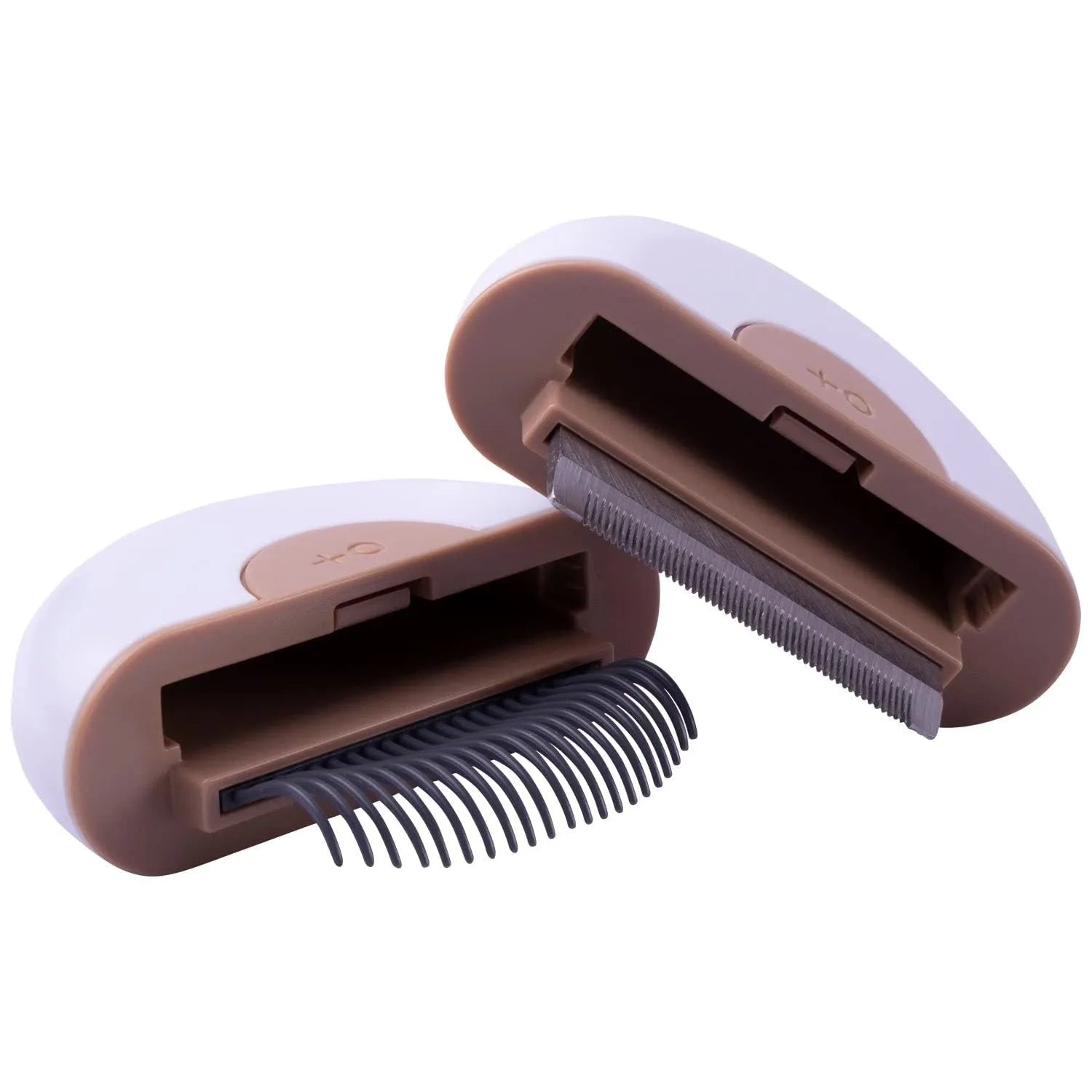 Steel and alloy pet grooming comb for cats and dogs on a neutral background, available in coffee, green, and pink