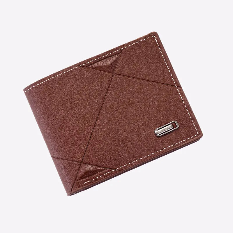 Men's horizontal three-fold PU leather wallet showing multiple card slots in black colour option