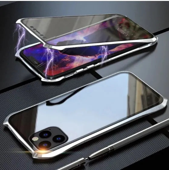 Metal back protective cover for iPhone 11 in black, red, blue, and silver colour options.