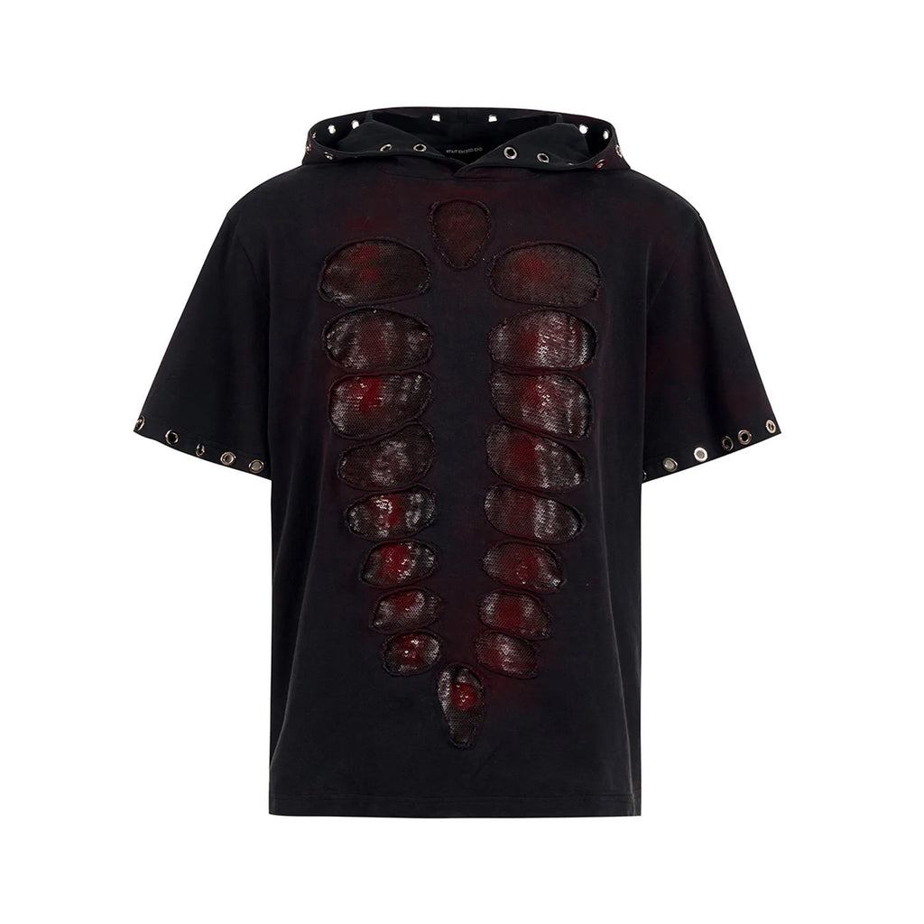 Black men's hooded short-sleeve T-shirt with sequin detailing in a loose fit.