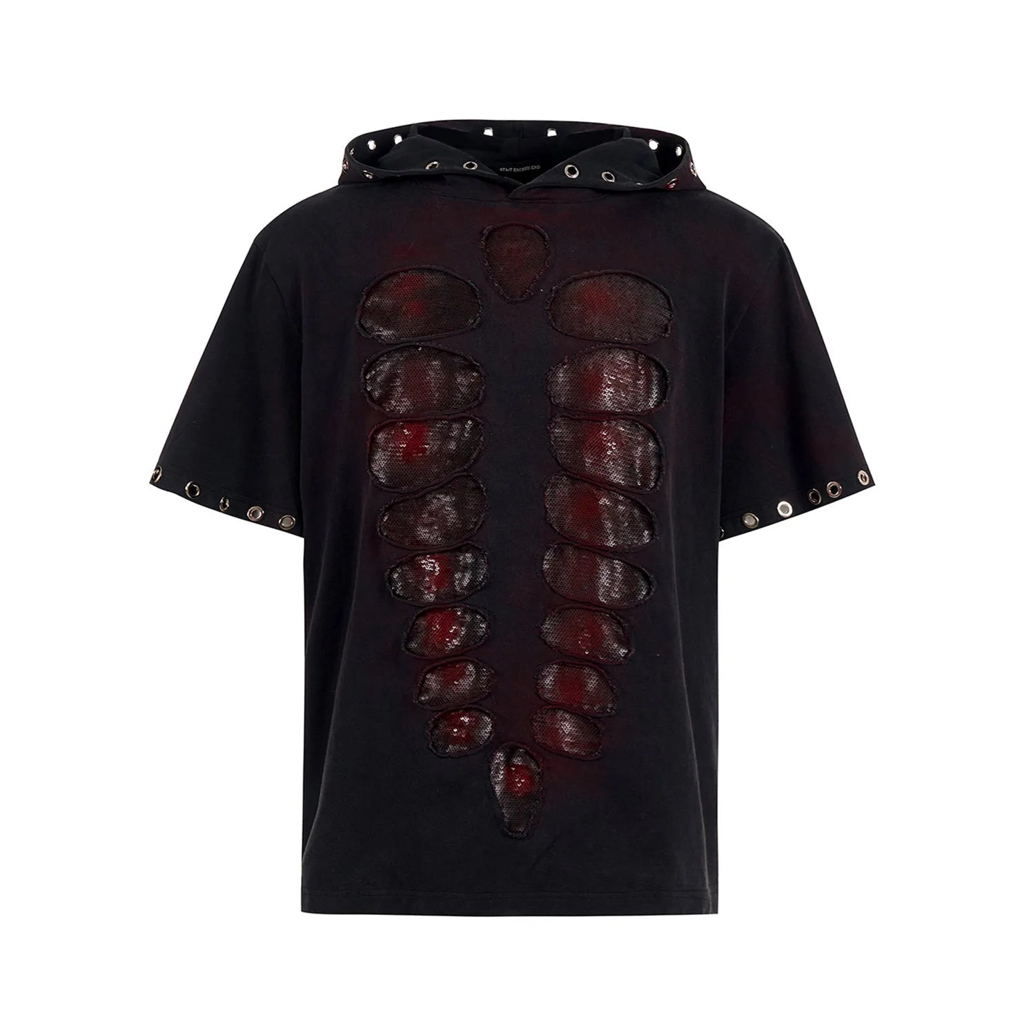 Black men's hooded short-sleeve T-shirt with sequin detailing in a loose fit.