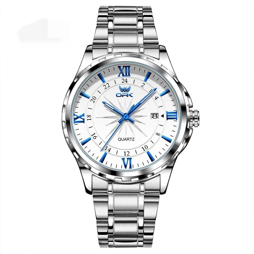 Waterproof luminous men's quartz watch with steel band, white dial, and blue markers
