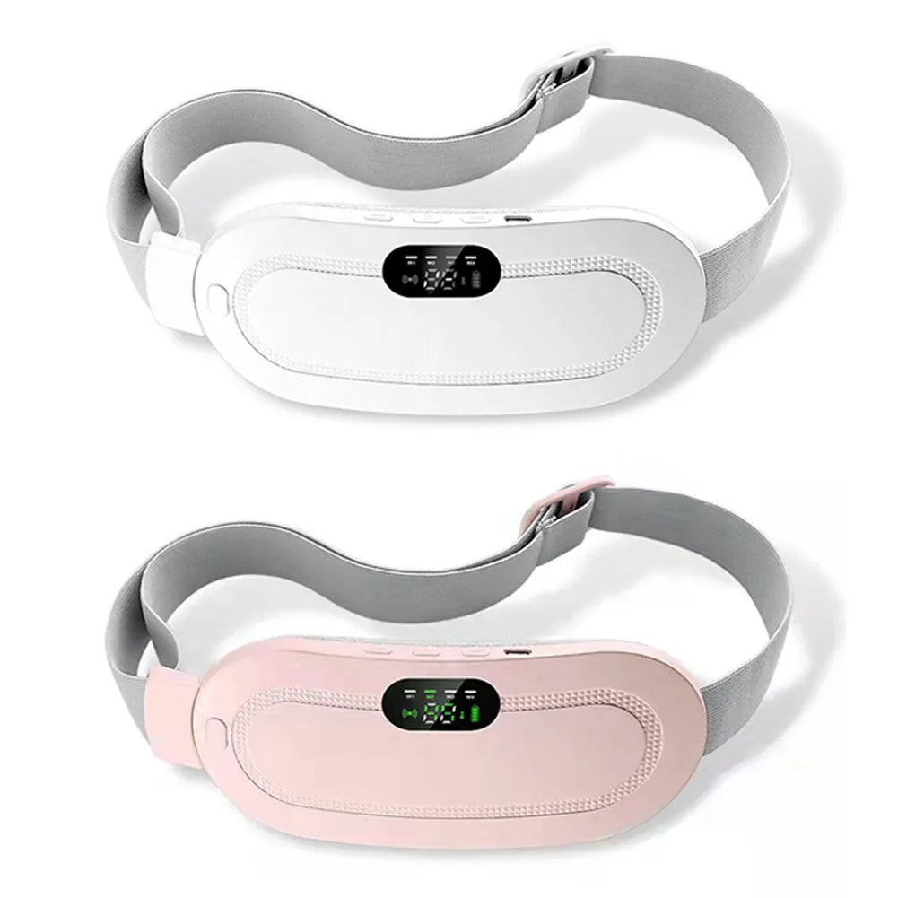 Pink electric heating and massage belt for waist and abdominal pain relief with digital controller.