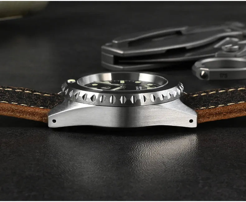 Men's 316L stainless steel diving automatic mechanical watch 41mm matte black dial green C3 luminous hour markers sapphire crystal cowhide strap