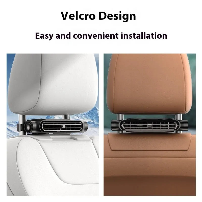 USB plug-in car cooling fan with Velcro straps in black, white, and beige colour options.