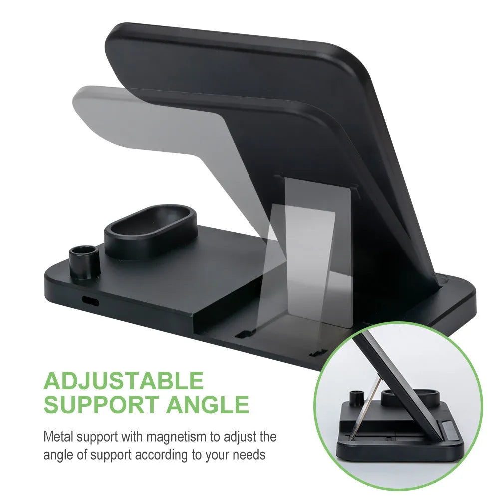 Black folding 4-in-1 wireless charger showing vertical stand for iPhone and flat charging pad.