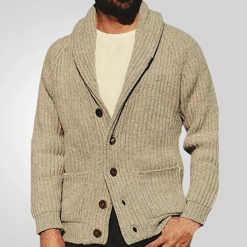 Men's khaki lapel knitting cardigan with pockets, long sleeves, and straight cut design