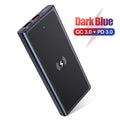 Black and blue alloy shell 10000mAh power bank with wireless charging function.
