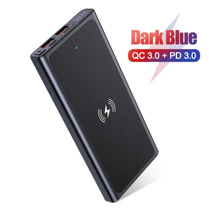 Black and blue alloy shell 10000mAh power bank with wireless charging function.