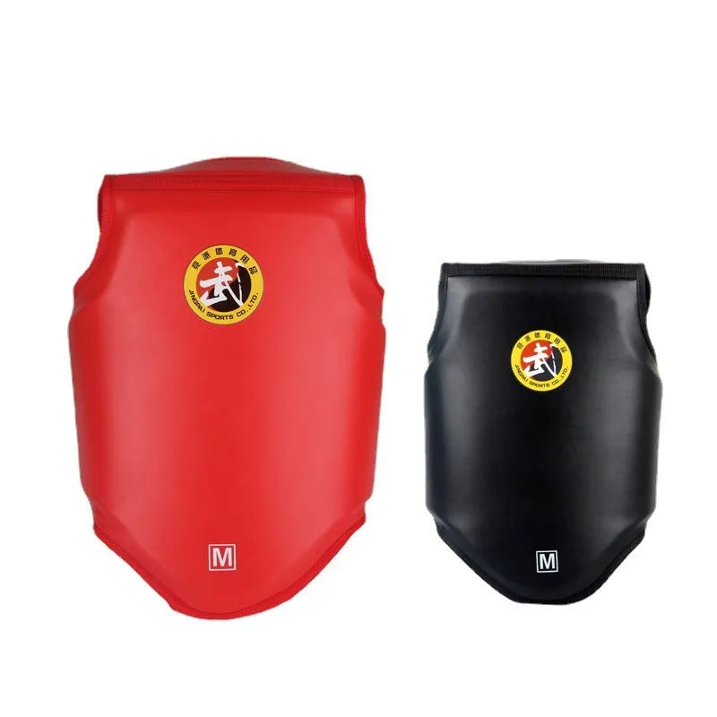 Red boxing helmet and one-piece chest protector set for training, shown in size medium.