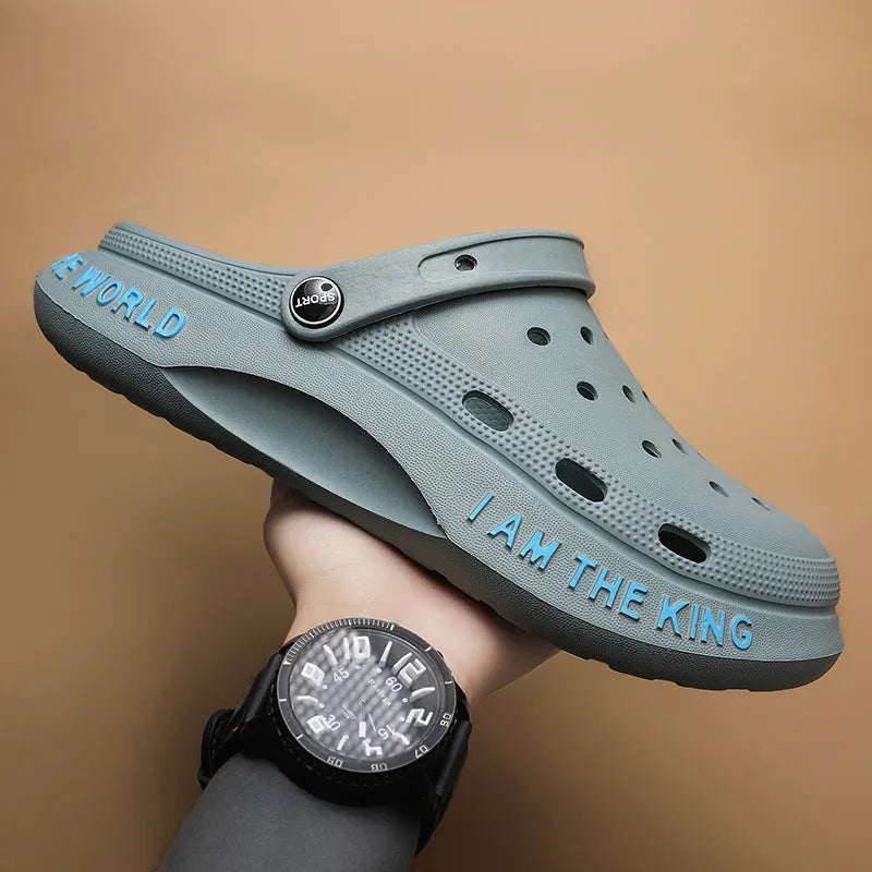 Men's lightweight EVA beach slippers in blue with non-slip sole, outdoor setting