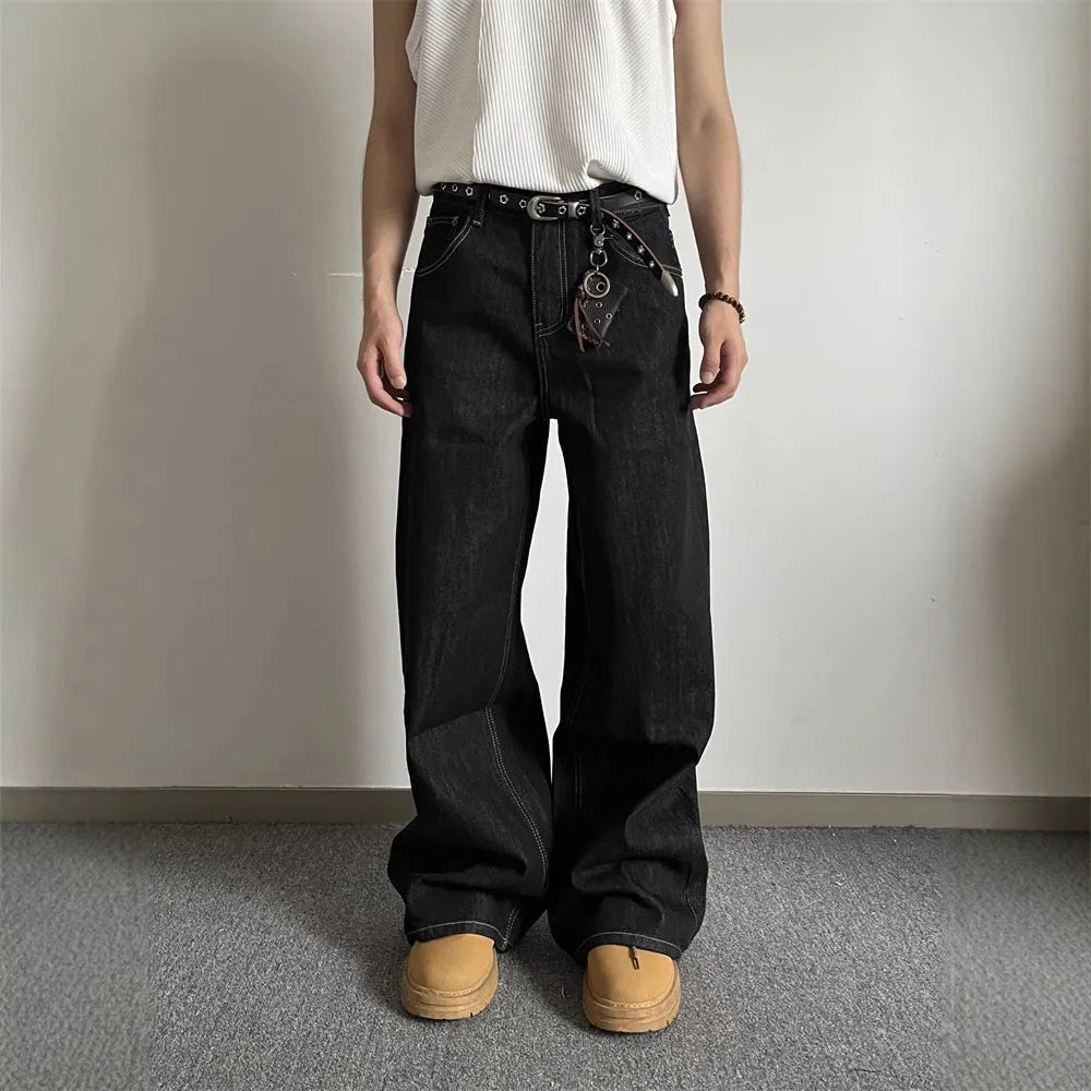 Black retro wide-leg jeans with straight-leg design and zip fly opening
