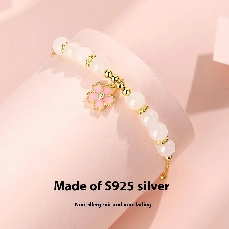 Pink 925 silver cherry blossom pendant bracelet with gradient epoxy finish and Hetian jade beads