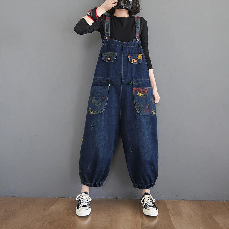 Plus size floral print suspender jeans in black and blue, made from durable denim cotton.