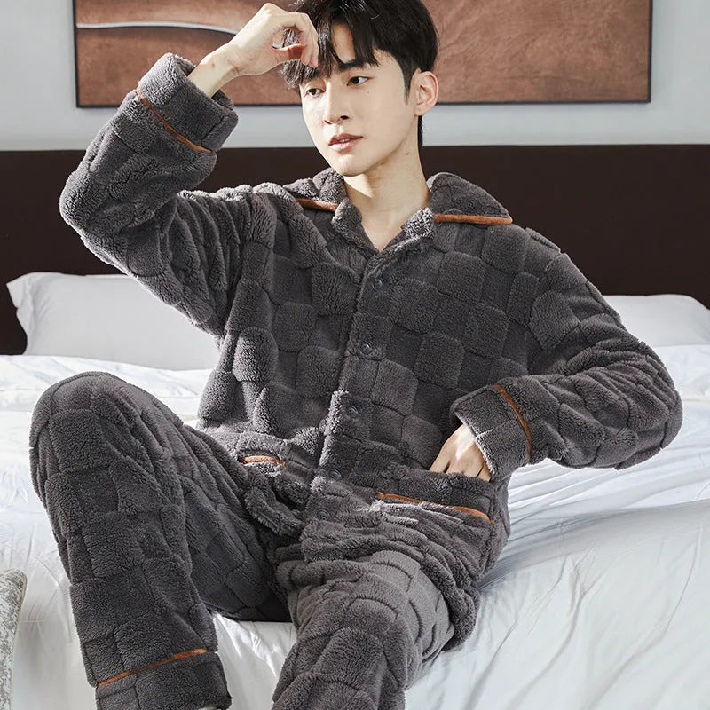 Mens flannel pyjama set with fleece lining, dark gray checkered jacquard pattern, loose fit loungewear