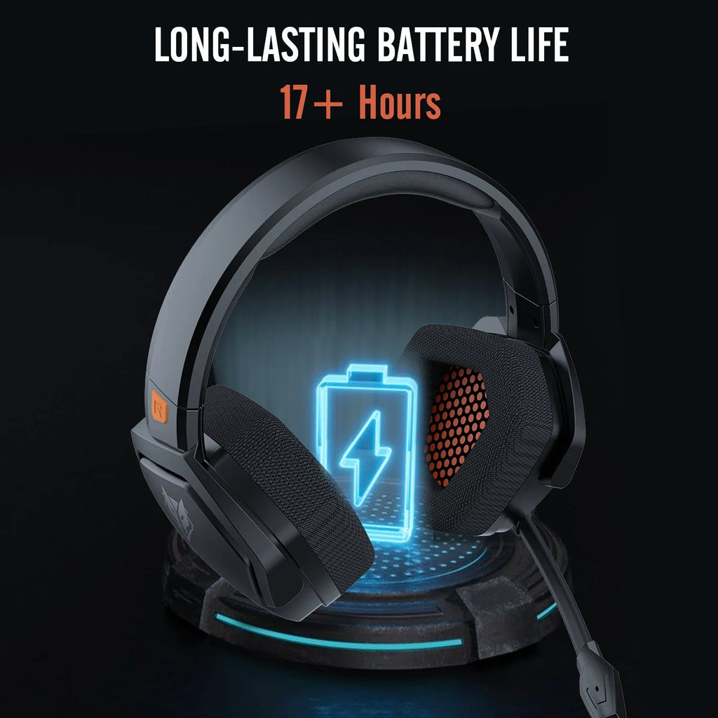 Black and orange wireless gaming headset with 50mm drivers showing ear cushions and headband design