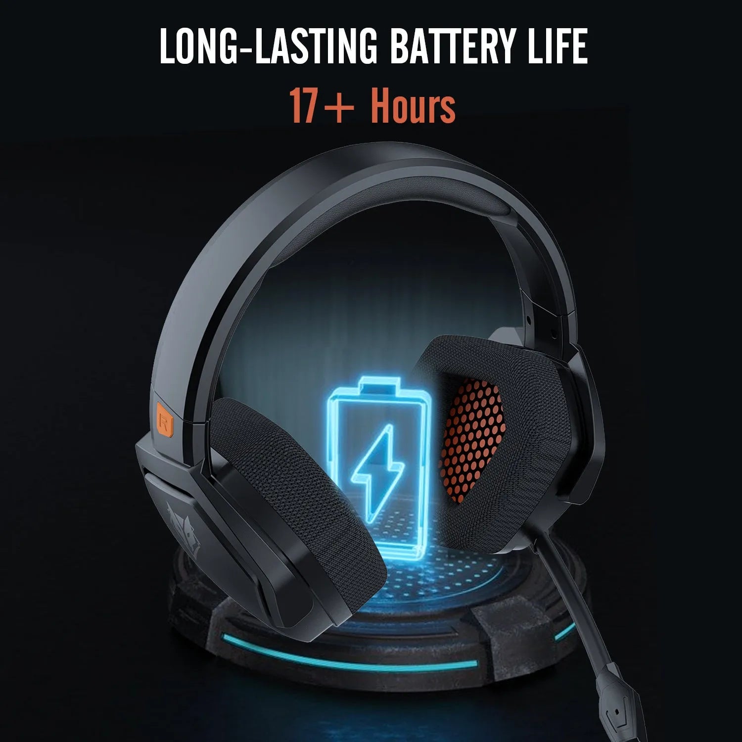 Black and orange wireless gaming headset with 50mm drivers showing ear cushions and headband design