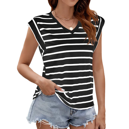 Women's striped V-neck short-sleeve t-shirt in loose fit with breathable cotton-polyester blend fabric