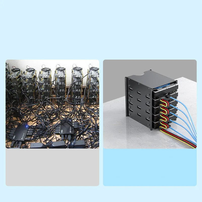 Black metal 5-layer 3.5-inch hard drive storage bracket with screwdriver and screw pack on a desk