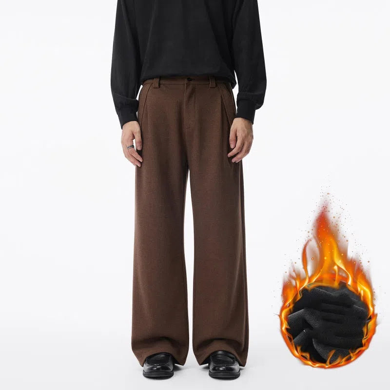 Men's straight fleece-lined casual polyester trousers in Ancient Brown colour, loose fit for autumn winter