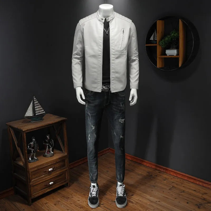 Men's plus size PU leather jacket with stand collar and zipper pockets in black, front view