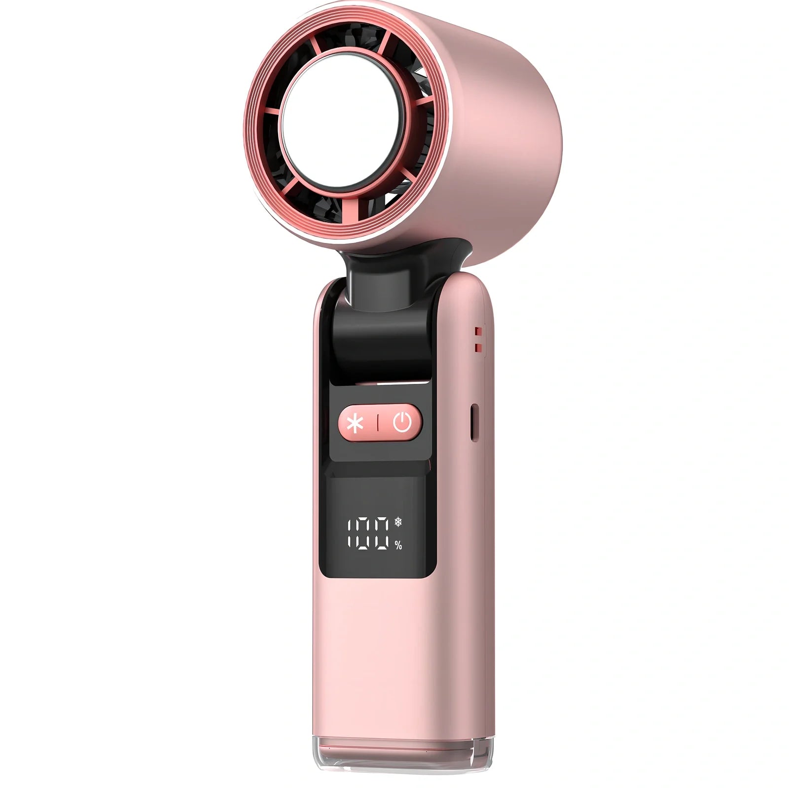 White USB-powered mini turbos fan folded 180° showing digital display and plastic blades, 63x57x176mm for portable camping cooling