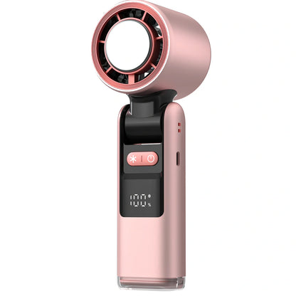 White USB-powered mini turbos fan folded 180° showing digital display and plastic blades, 63x57x176mm for portable camping cooling