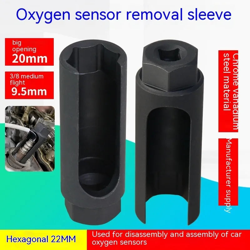 Black chromium vanadium steel oxygen sensor sleeve with 22mm thread for Japanese automotive applications.