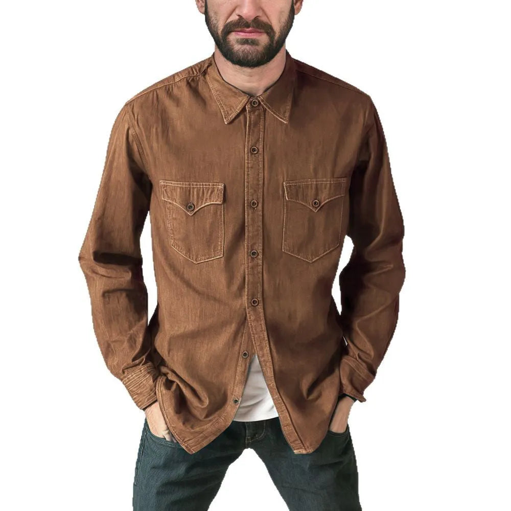 A regular-fit denim cardigan coat shown in khaki, available in multiple sizes.
