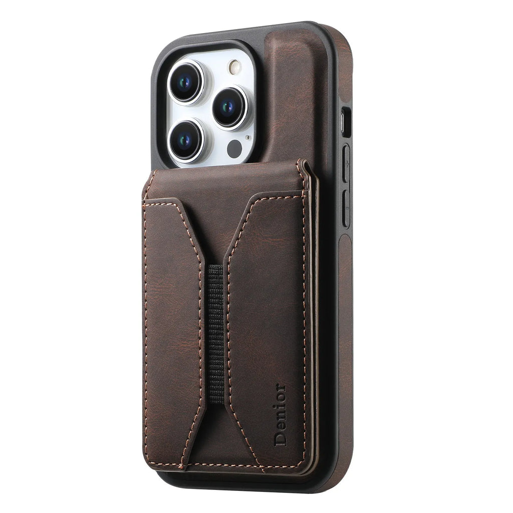 Imitation leather rotating bracket phone case with magnetic card pack for iPhone 16 Pro Max in black