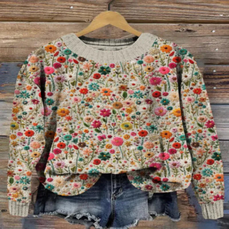 Little Flower digital printed floral pattern round neck sweater in polyester fibre