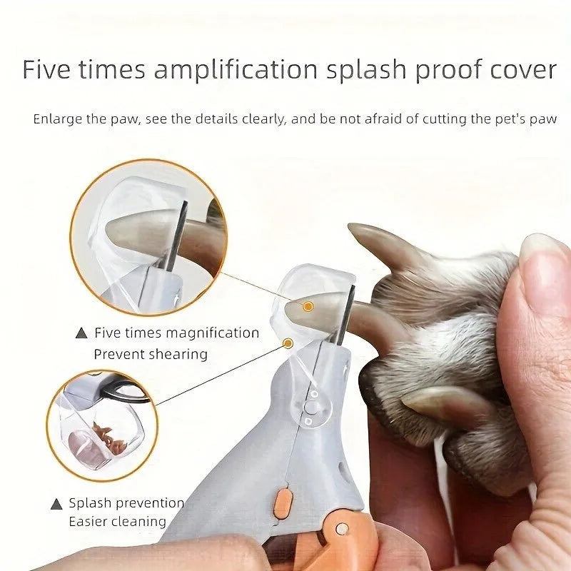 Yellow LED pet nail trimmer with magnifying glass and hardened steel blades for cats and dogs.
