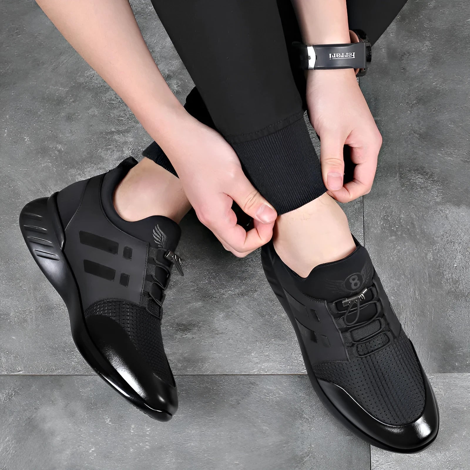 Men's black casual shoes with hidden chunky heel for height increase, shown in leather, Lycra and mesh options