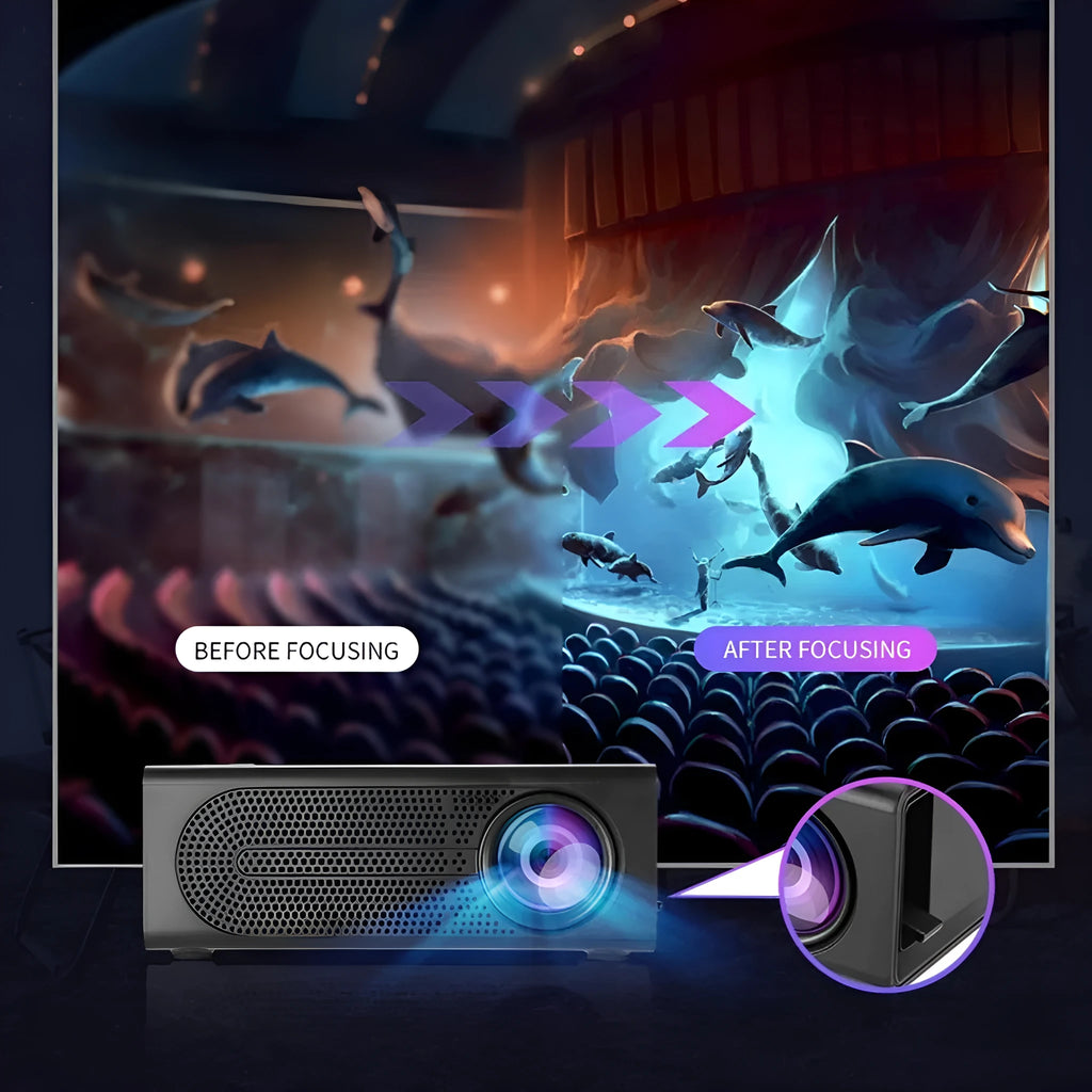 Portable mini projector in black with wired cable for mobile phone screen mirroring