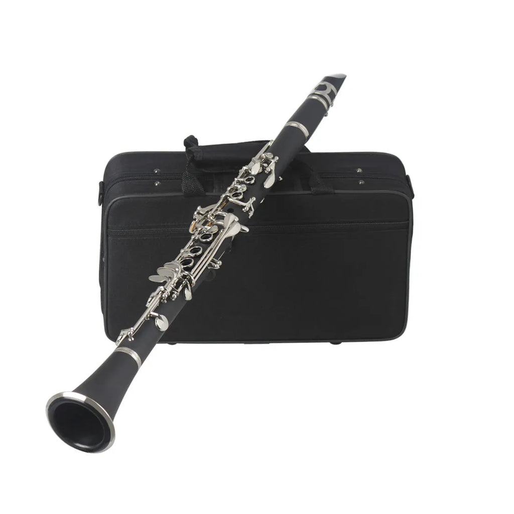 Black Bakelite clarinet with nickel-plated keys showing 67cm length and included carry bag