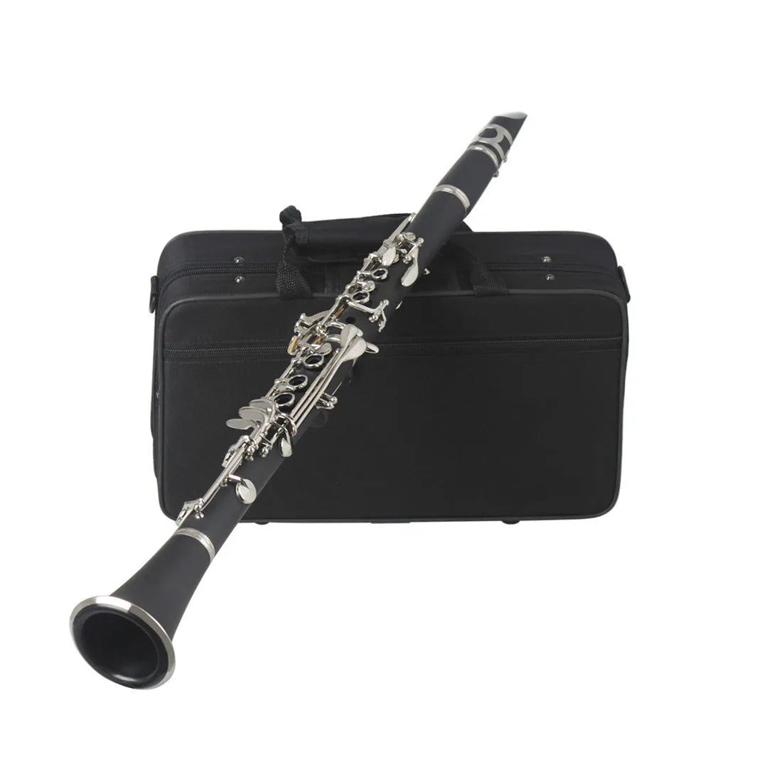 Black Bakelite clarinet with nickel-plated keys showing 67cm length and included carry bag
