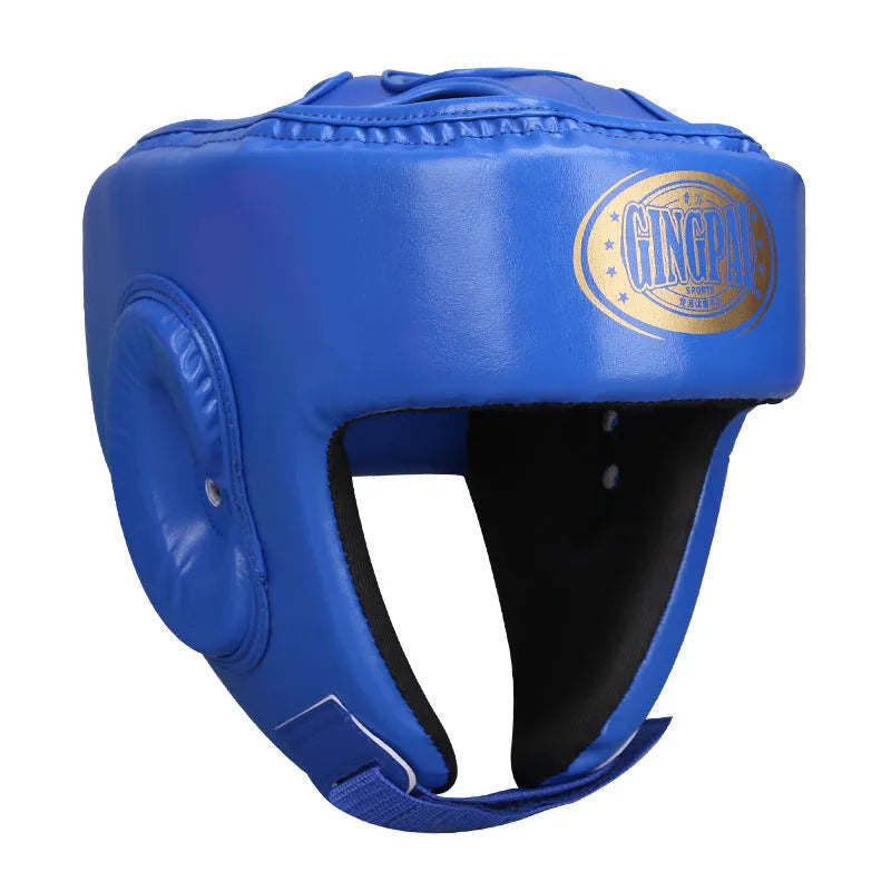 Fully enclosed red boxing helmet with jaw protection on a grey background.