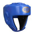 Fully enclosed red boxing helmet with jaw protection on a grey background.