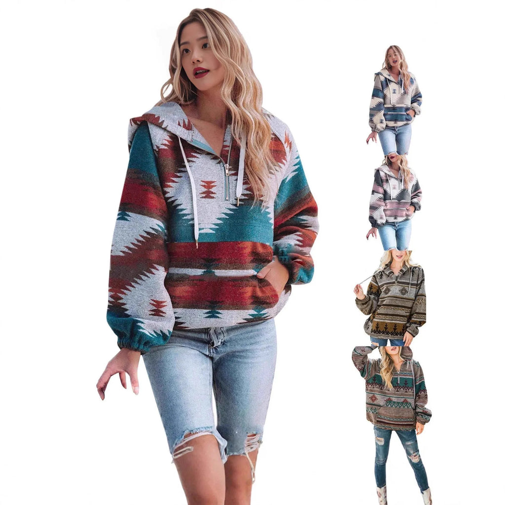 Women's retro fashion half-zip long sleeve sweatshirt with digital print in loose fit