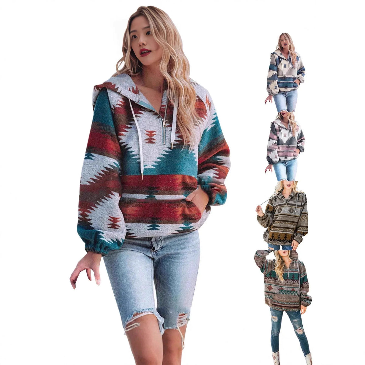 Women's retro fashion half-zip long sleeve sweatshirt with digital print in loose fit