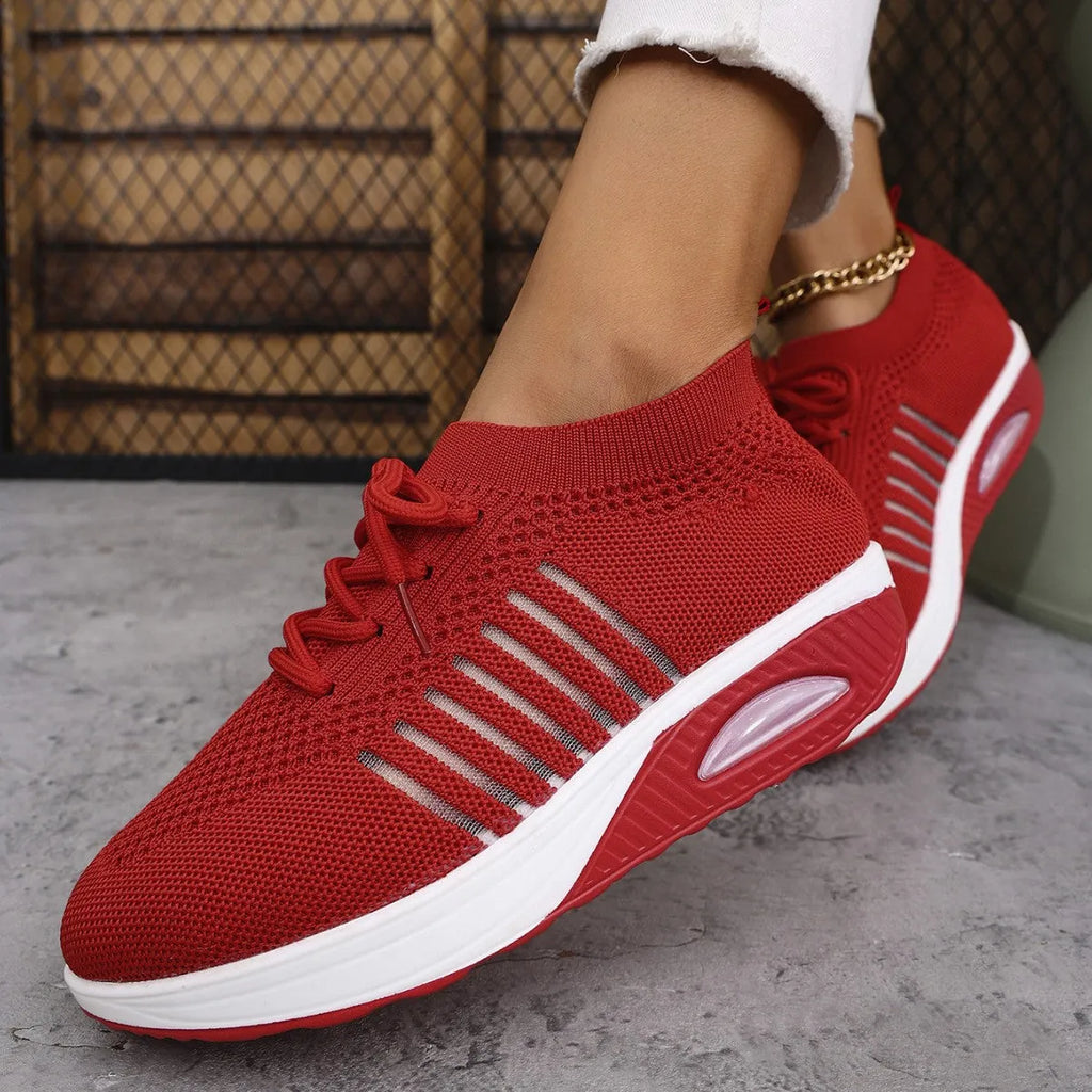Women's mesh upper lace-up slip-on wedge sports shoes in black, low-top style with mid heel