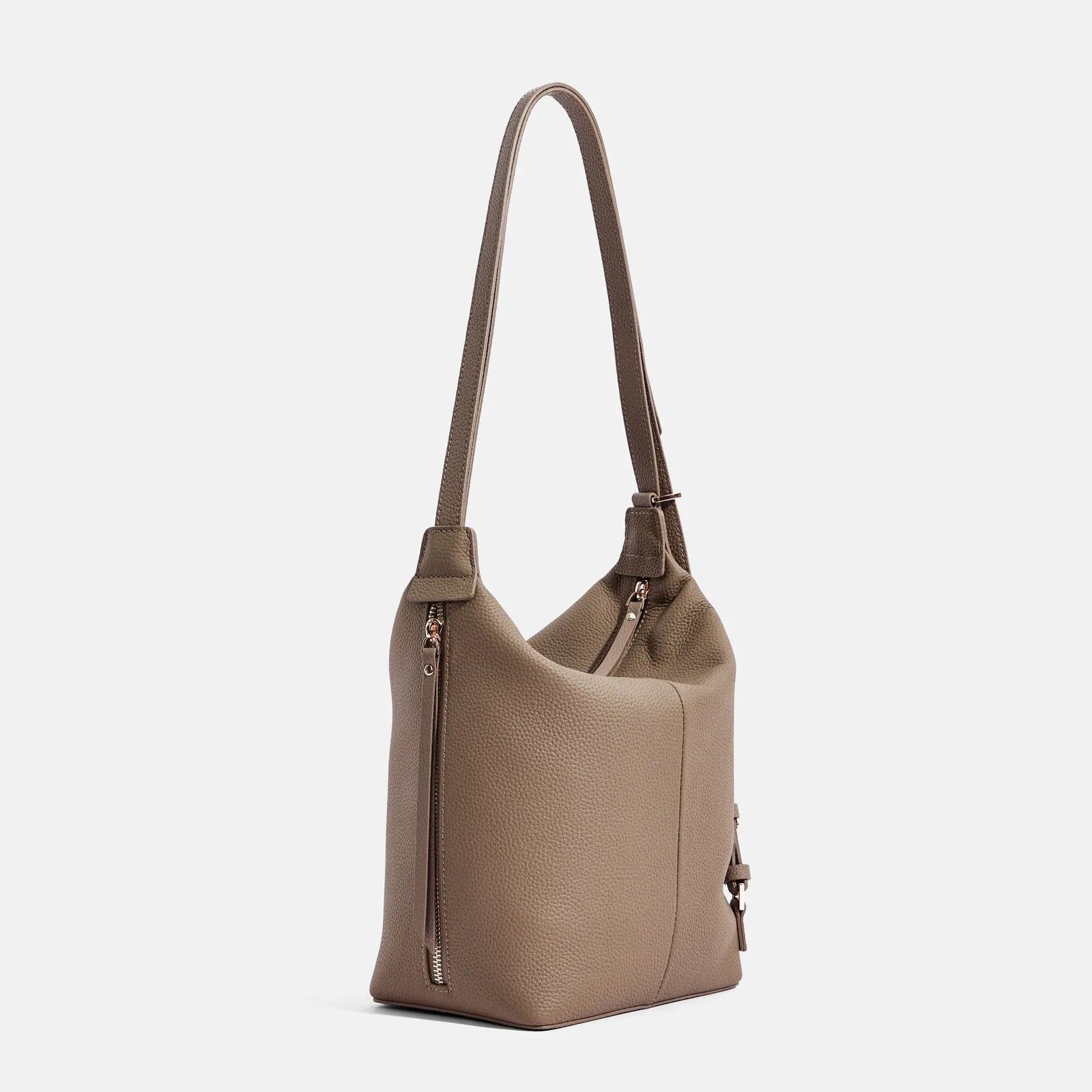 Women's genuine leather bucket bag in elephant grey with shoulder strap and casual bucket styling