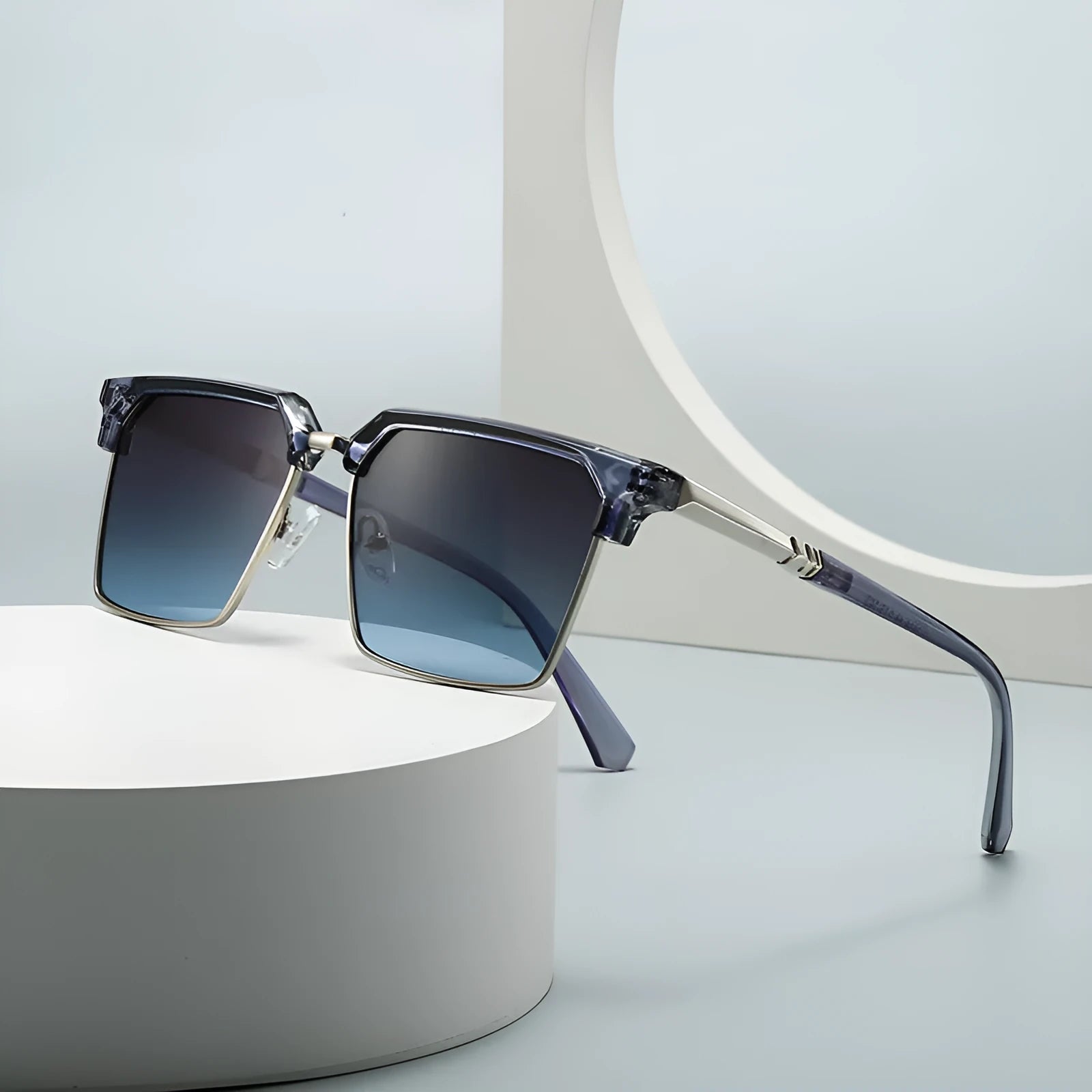 Men's square sunglasses with plastic frames shown in multiple colour options including black, grey, tea, green, and blue.