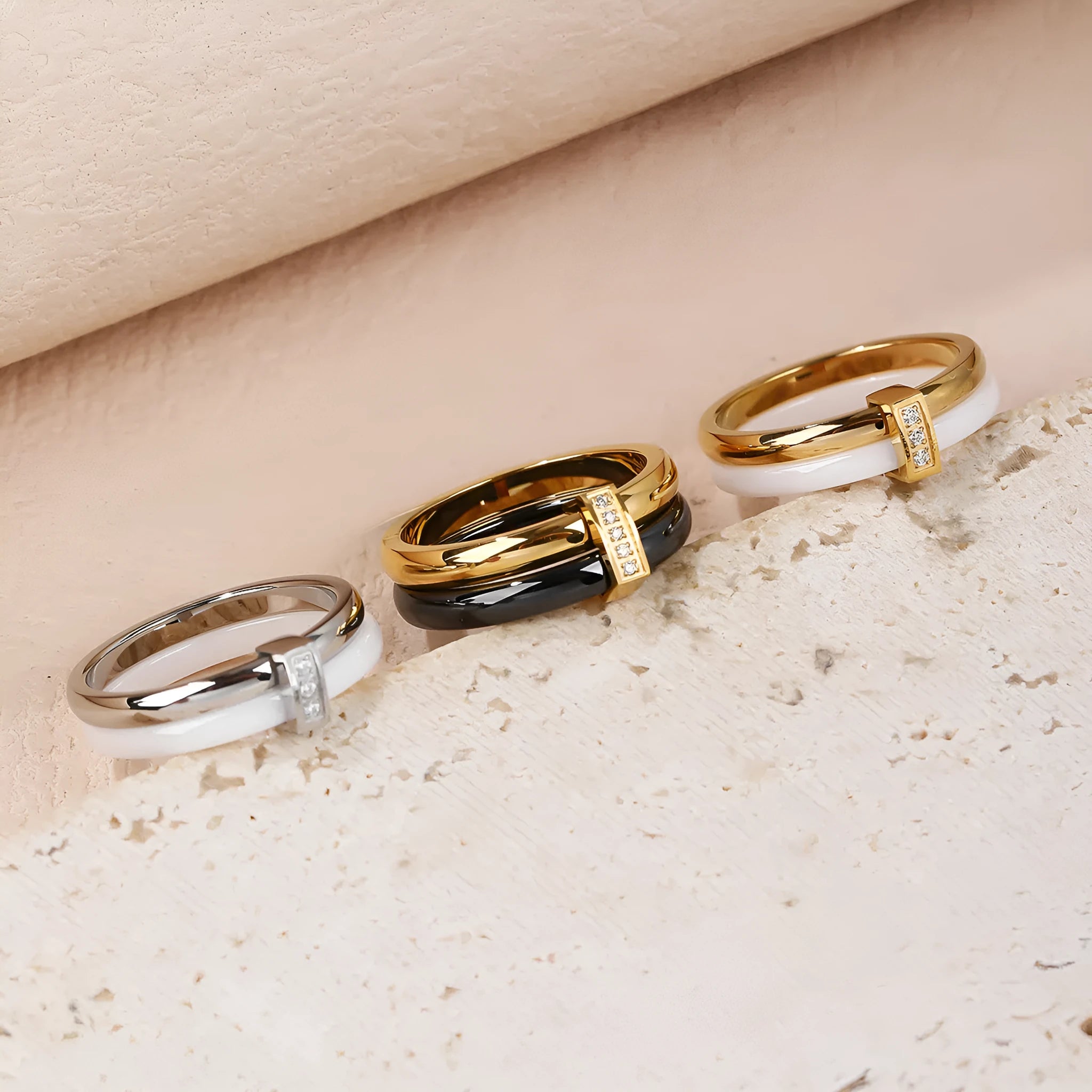 Heart shape titanium steel women's ring with double band, glossy stitching, and inlaid zirconium stones.