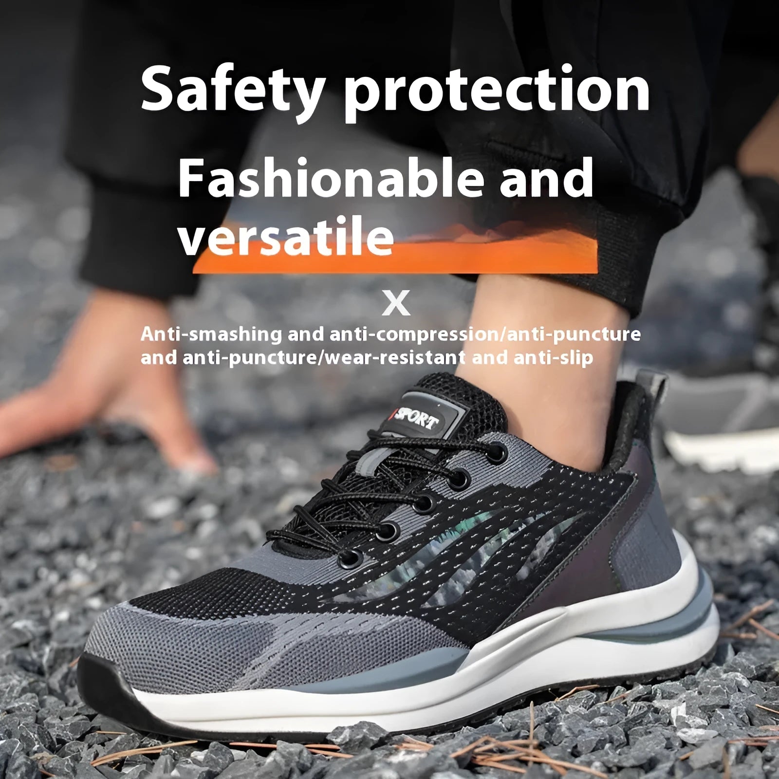 Men's black grey electrician safety shoes with anti-smash anti-puncture protection and plastic toe cap